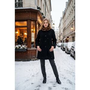 Michel Daniel Paris Vintage Black Wool Coat Real Fur Collar Swirl Buttons France